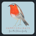 Schattige Bird Red Robin Blue Christmas Vierkante Sticker<br><div class="desc">Een schattig vogelbotanisch mailinglabel voor uw kerstvakantiepost met schattige handgeschilderde rode robin vogelillustratie op een sneeuwwitte achtergrondlucht. Origineel kunstwerk van Caroline Bonne Müller</div>