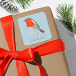 Schattige Bird Red Robin Blue Christmas Vierkante Sticker<br><div class="desc">Een schattig vogelbotanisch mailinglabel voor uw kerstvakantiepost met schattige handgeschilderde rode robin vogelillustratie op een sneeuwwitte achtergrondlucht. Origineel kunstwerk van Caroline Bonne Müller</div>