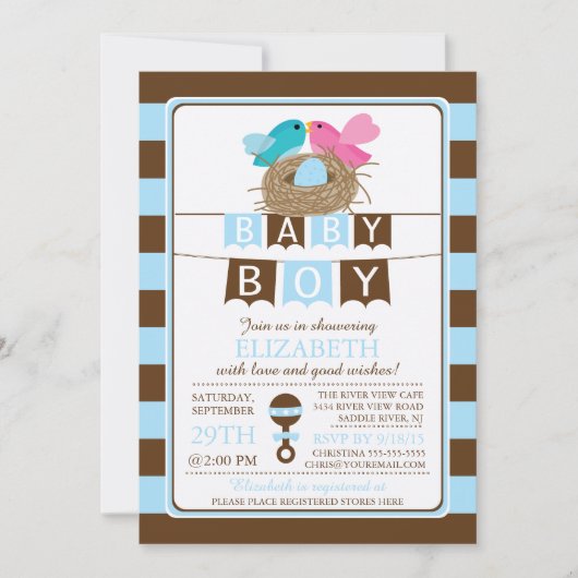 Schattige Birds Nest Boys Baby shower Uitnodiging (Voorkant)