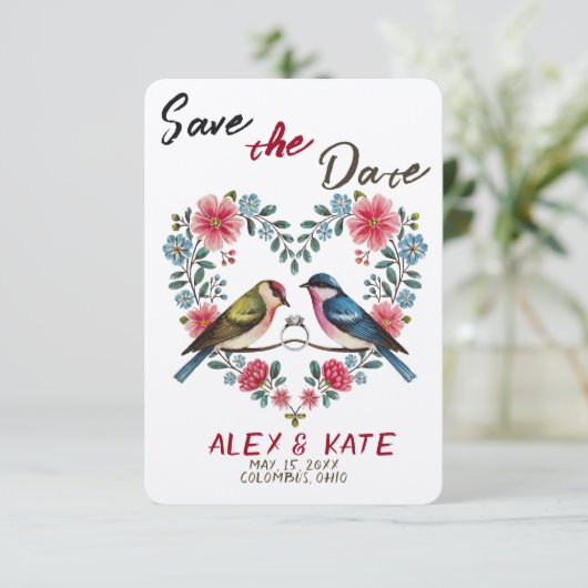 Schattige Birds Wedding Save the Date Aankondiging (Staand voorkant)