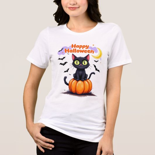 Schattige Black Cat Happy Halloween T-shirt (Voorkant)