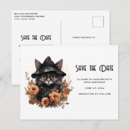 Schattige Black Cat in een heks Pet Save the Date Uitnodiging Briefkaart