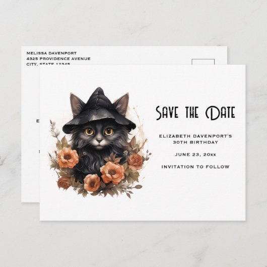 Schattige Black Cat in een heks Pet Save the Date Uitnodiging Briefkaart (Voorkant / Achterkant)