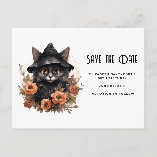 Schattige Black Cat in een heks Pet Save the Date Uitnodiging Briefkaart (Voorkant)