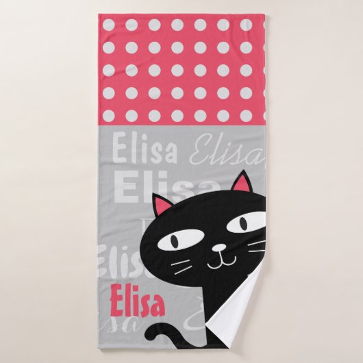 Schattige Black Cat Pink Polka Dots Jouw naam toev Badhanddoek (Badhanddoek)