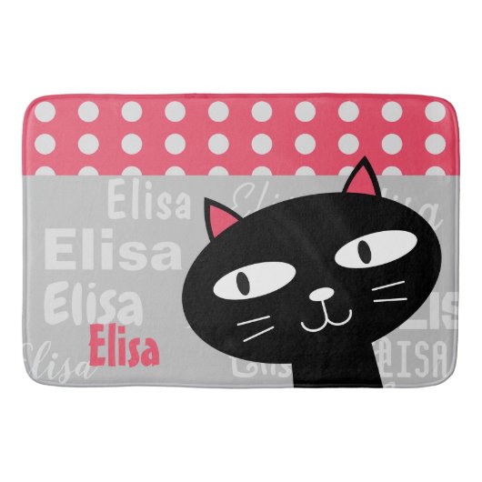 Schattige Black Cat Pink Polka Dots Jouw naam toev Badmat (Voorkant)