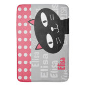 Schattige Black Cat Pink Polka Dots Jouw naam toev Badmat (Voorkant Verticaal)
