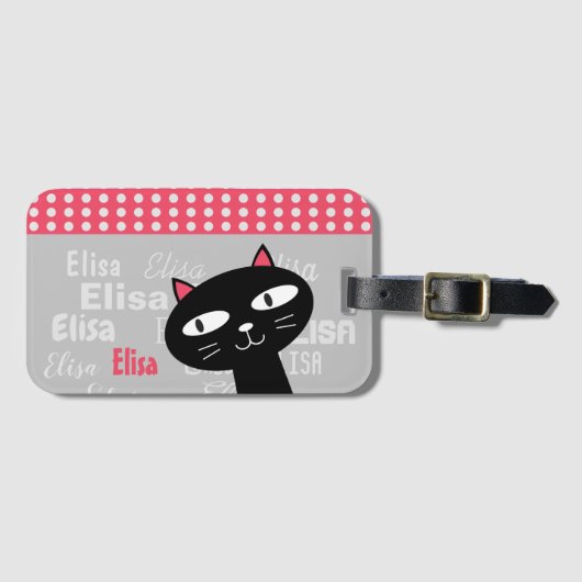 Schattige Black Cat Pink Polka Dots Jouw naam toev Bagagelabel (Voorkant (horizontaal))