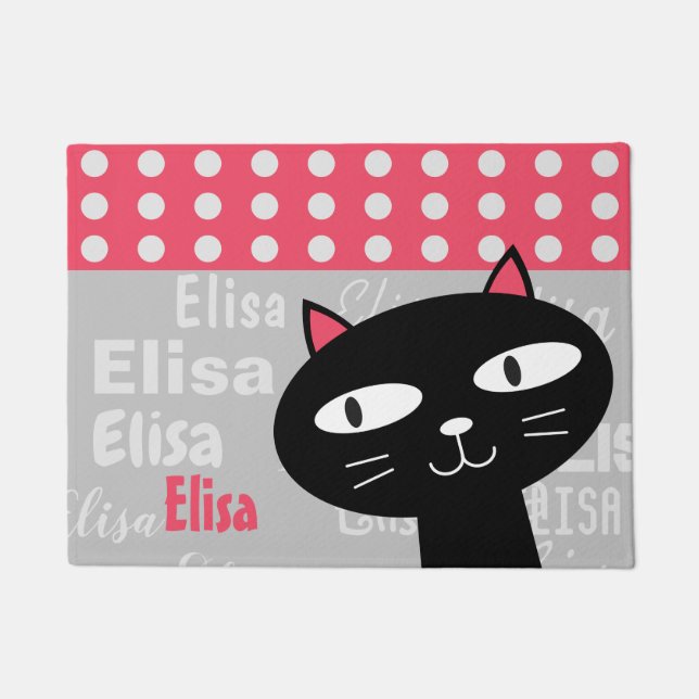 Schattige Black Cat Pink Polka Dots Jouw naam toev Deurmat (Voorkant)