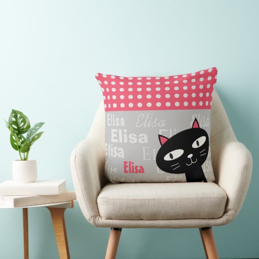 Schattige Black Cat Pink Polka Dots Jouw naam toev Kussen (Stoel)
