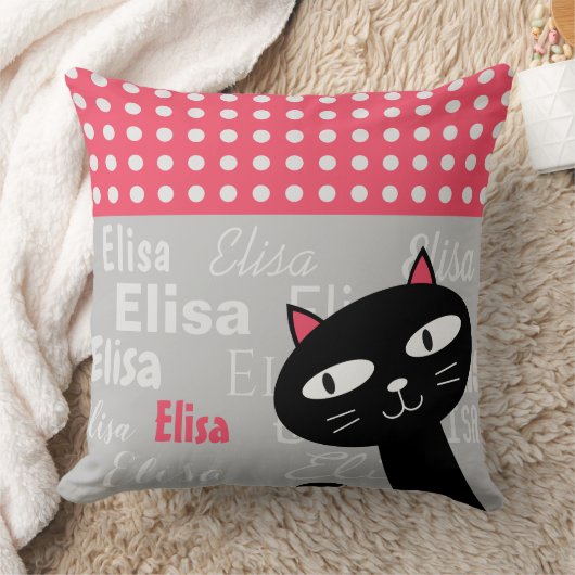 Schattige Black Cat Pink Polka Dots Jouw naam toev Kussen (Deken)