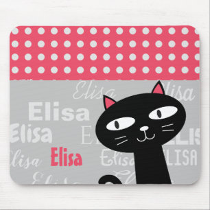 Schattige Black Cat Pink Polka Dots Jouw naam toev Muismat