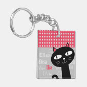 Schattige Black Cat Pink Polka Dots Jouw naam toev Sleutelhanger (Voorkant Links)