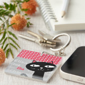 Schattige Black Cat Pink Polka Dots Jouw naam toev Sleutelhanger (Voorkant Rechts)