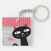 Schattige Black Cat Pink Polka Dots Jouw naam toev Sleutelhanger (Achterkant)