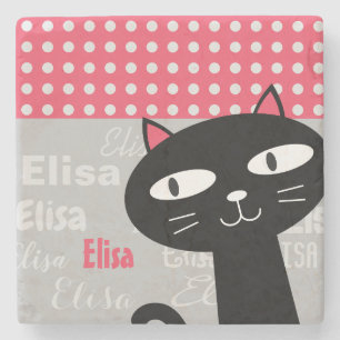 Schattige Black Cat Pink Polka Dots Jouw naam toev Stenen Onderzetter