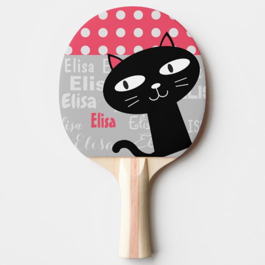 Schattige Black Cat Pink Polka Dots Jouw naam toev Tafeltennisbatje (Voorkant)