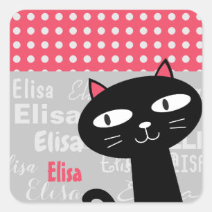 Schattige Black Cat Pink Polka Dots Jouw naam toev Vierkante Sticker