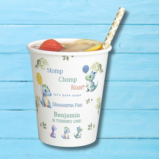 Schattige Blauw Baby Boy Dinosaurus 1e Verjaardags Papieren Bekers
