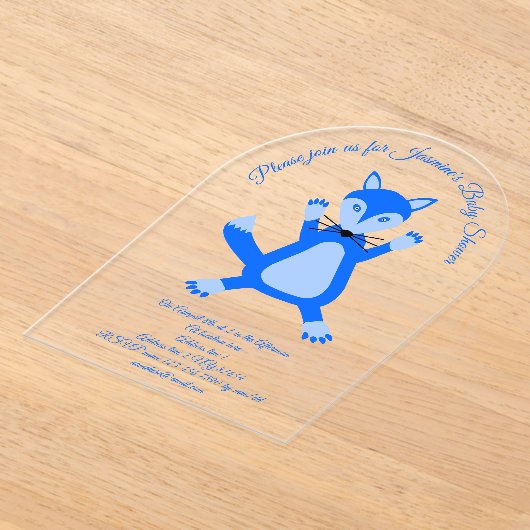 Schattige Blauw Baby Boy Fox Baby shower Aangepast Acryl Uitnodigingen (Laagn)