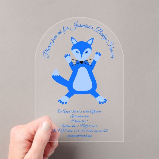 Schattige Blauw Baby Boy Fox Baby shower Aangepast Acryl Uitnodigingen (Insitu (Draagbaar))