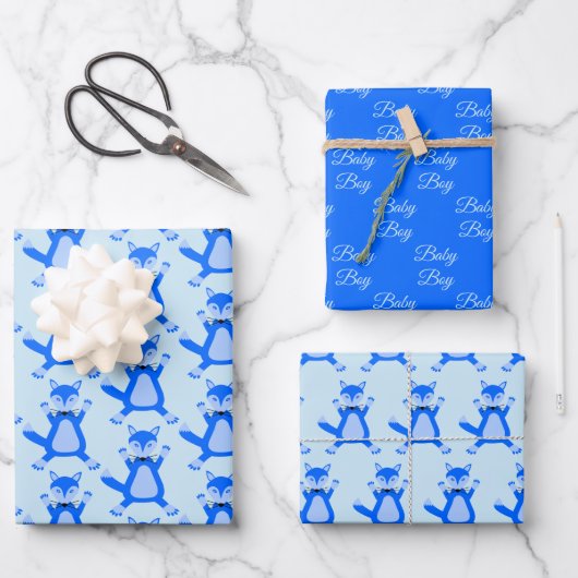Schattige Blauw Baby Boy Fox Baby shower Patterned Inpakpapier Vel (Voorkant)