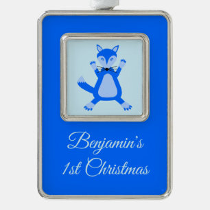 Schattige Blauw Baby Boy Fox Custom 1e Kerstmis Verzilverd Omlijst Ornament