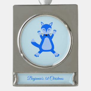 Schattige Blauw Baby Boy Fox Custom Eerste Kerstmi Verzilverd Banner Ornament