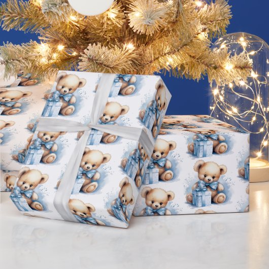 Schattige blauw baby boy teddybeer cadeaupapier (Feestdagen)