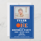 Schattige blauw basketbal foto 1e verjaardag kaart (Voorkant)