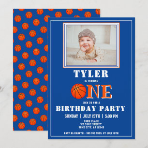 Schattige blauw basketbal foto 1e verjaardag kaart