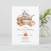 Schattige Blauw Beer wandelwagen Herfst Pompoen 1e Kaart (Staand voorkant)