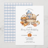 Schattige Blauw Beer wandelwagen Herfst Pompoen 1e Kaart (Voorkant / Achterkant)