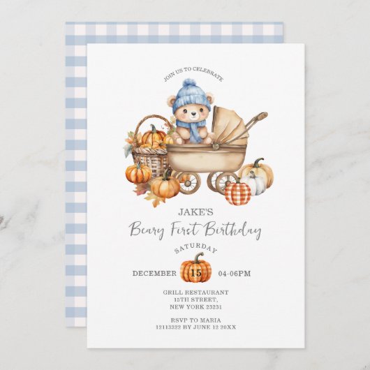 Schattige Blauw Beer wandelwagen Herfst Pompoen 1e Kaart (Voorkant / Achterkant)