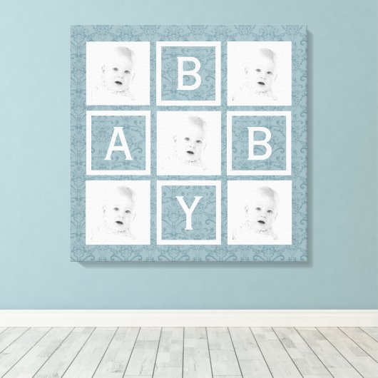 Schattige Blauw Bloemen Foto Grid Baby Jongen of M Canvas Afdruk (Insitu (Houten vloer))