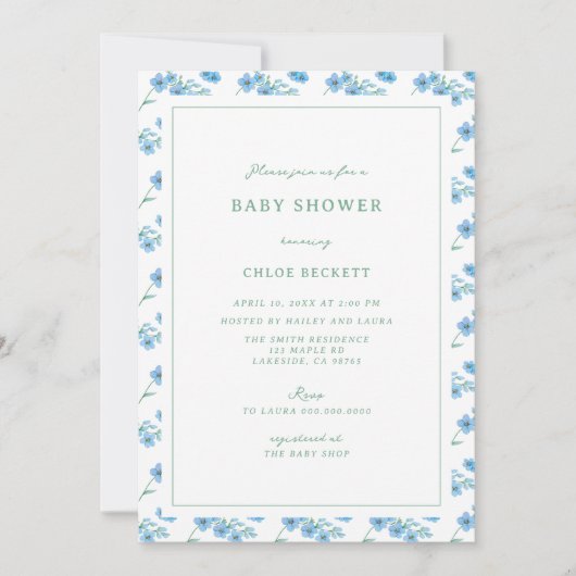 Schattige Blauw Bloemen Patroon Baby shower Uitnod Kaart (Voorkant)