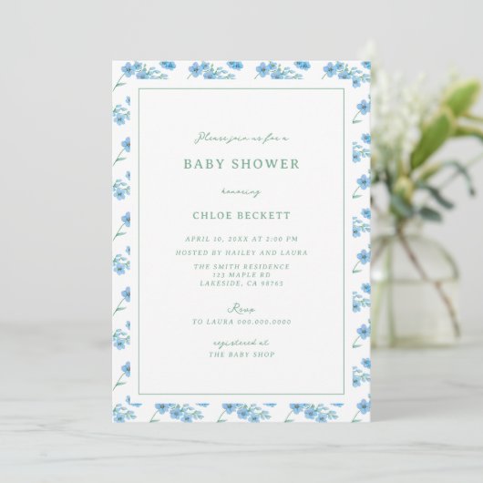 Schattige Blauw Bloemen Patroon Baby shower Uitnod Kaart (Staand voorkant)