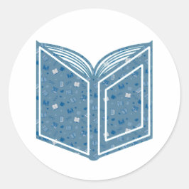 Schattige blauw boek en leespatroon op open boek ronde sticker