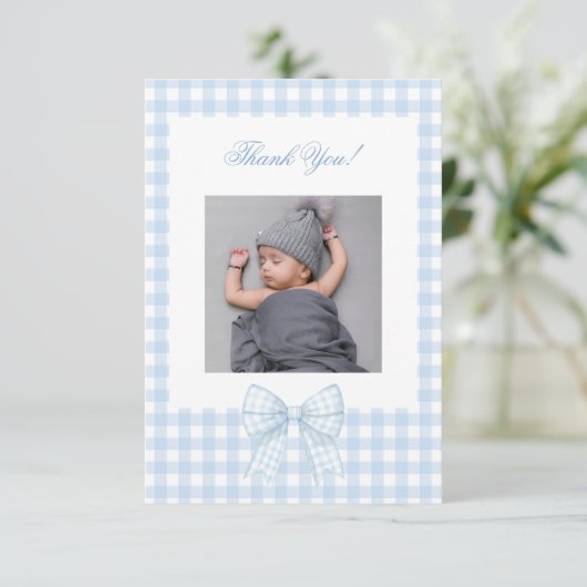 Schattige blauw boog baby shower foto dank u kaart (Staand voorkant)