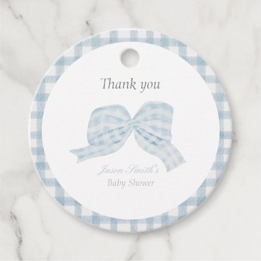 Schattige blauw boog lint baby shower bedankjes labels (Voorkant)