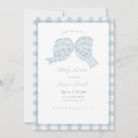 Schattige blauw boog lint baby shower uitnodiging (Voorkant)