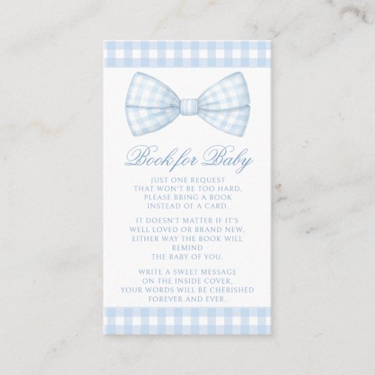 Schattige blauw boog stropdas gingham boek voor ba informatiekaartje (Voorkant)