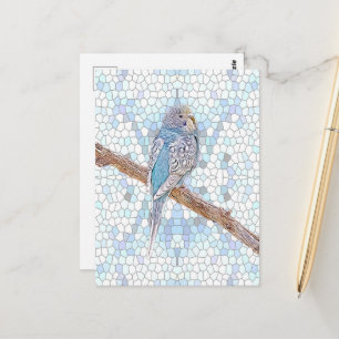Schattige blauw budgie op mozaïek achtergrond, op  briefkaart