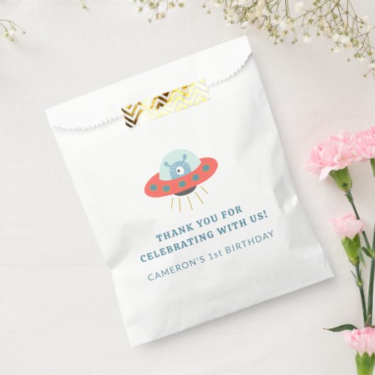 Schattige Blauw Buitenaards Ruimteschip 1e Verjaar Bedankzakje (Gezegeld)