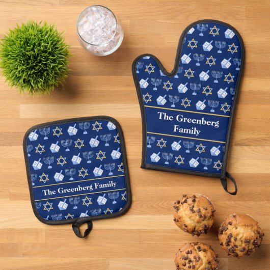 Schattige Blauw Chanoeka Patroon Gepersonaliseerd Ovenwant & Pannenlap Set (Top down)