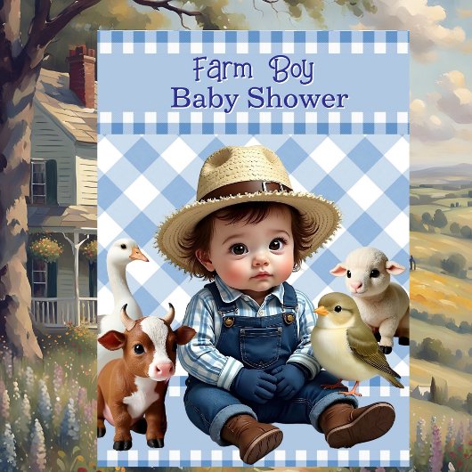 Schattige Blauw Check Boerderij Boy Baby shower An Kaart
