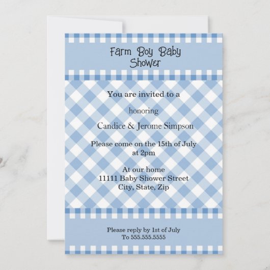 Schattige Blauw Check Boerderij Boy Baby shower An Kaart (Achterkant)
