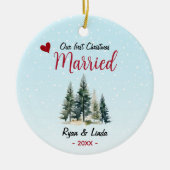 Schattige blauw eerste kerst getrouwd met groene b keramisch ornament (Voorkant)