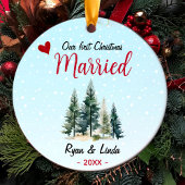 Schattige blauw eerste kerst getrouwd met groene b keramisch ornament