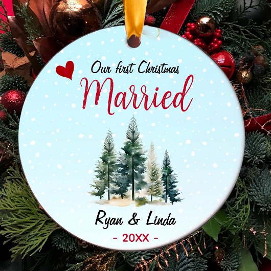 Schattige blauw eerste kerst getrouwd met groene b keramisch ornament